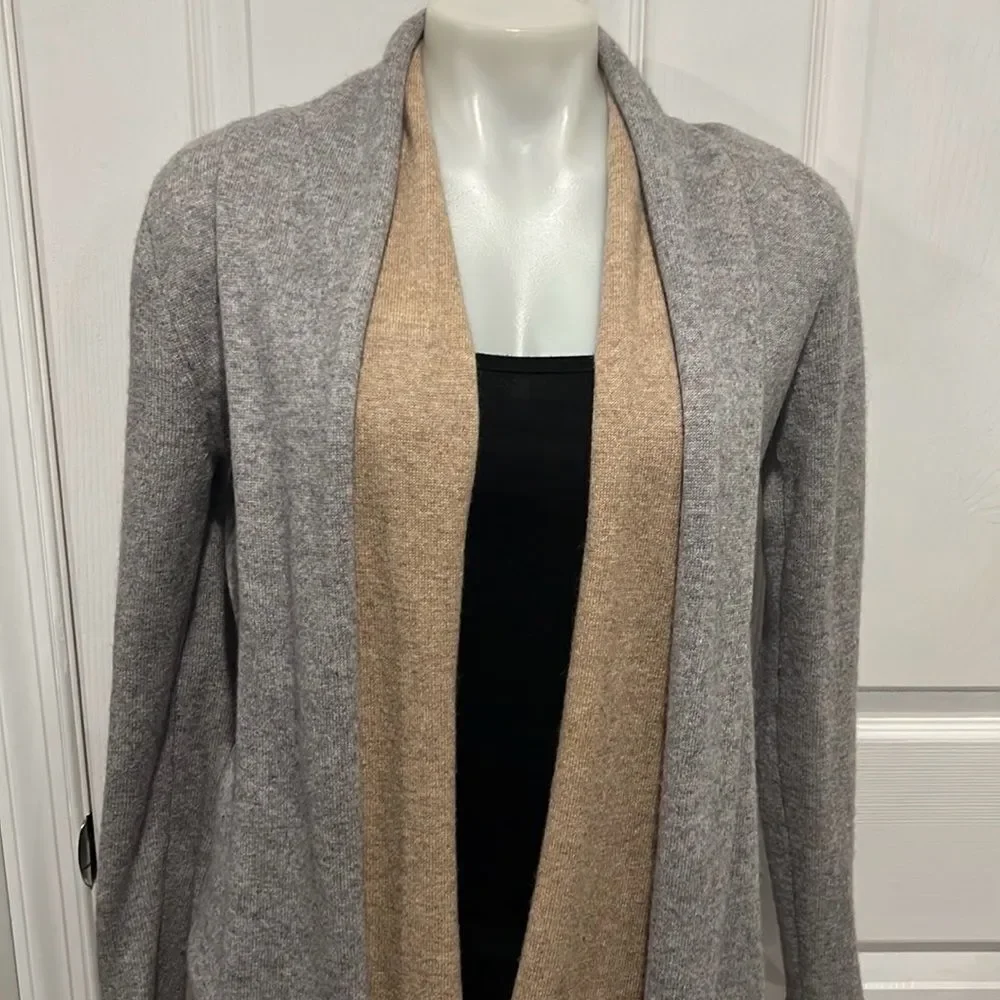 Neiman Marcus cashmere gray with tan trim open front cardigan XS